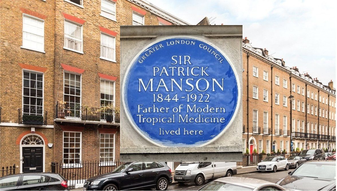 Queen Anne Street, Marylebone, London, with a closeup of the blue plaque belonging to Sir Patrick Manson.