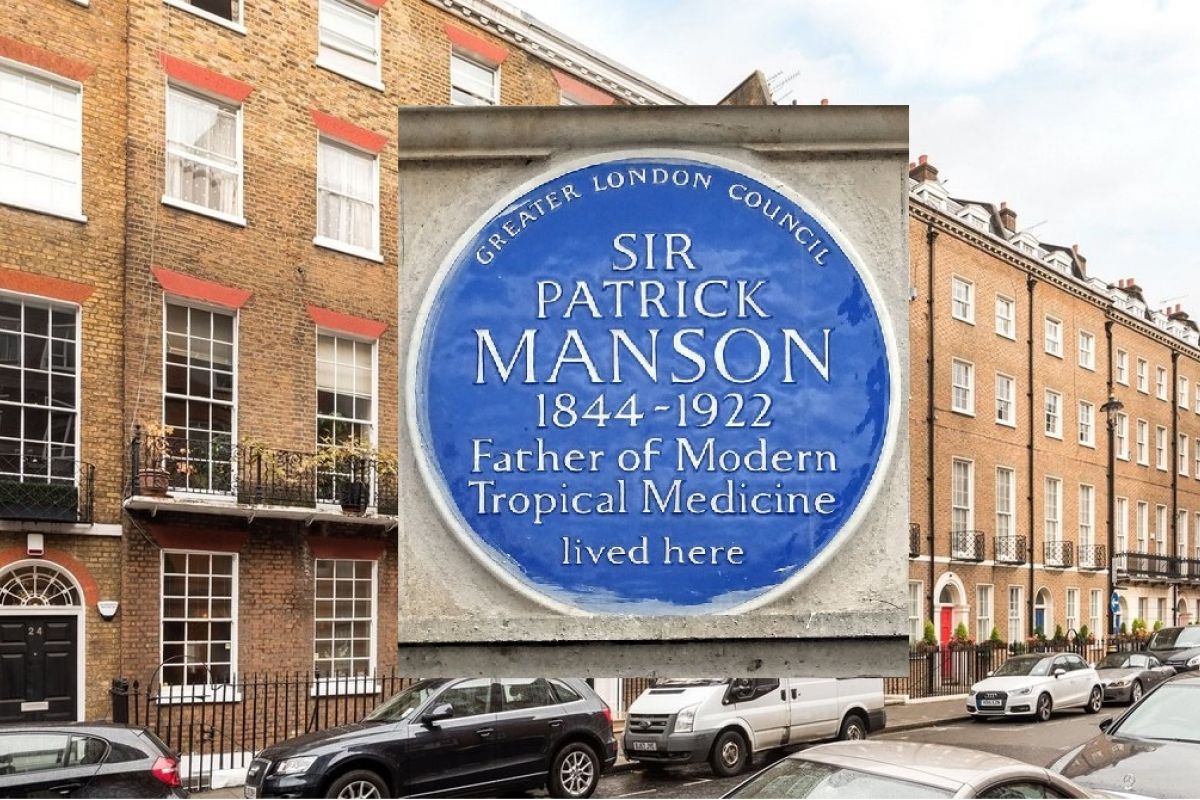 Queen Anne Street, Marylebone, London, with a closeup of the blue plaque belonging to Sir Patrick Manson.